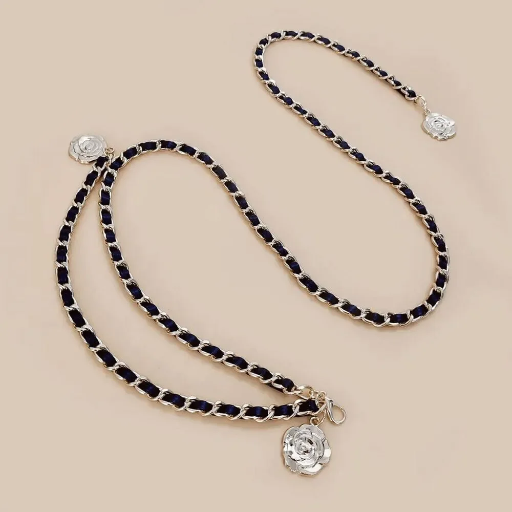 NEW Gold Black Rose Camellia Flower Charms Interwoven Chain Belt